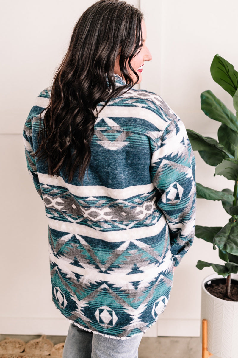 Teal Aztec Print Button Down Shacket